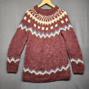 Vintage Handmade Womens Oversize Small Sweater Burgundy Fair Isle Nordic